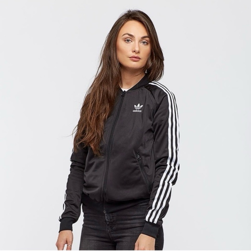 Adidas Women's Black Bomber Jacket with White Stripes